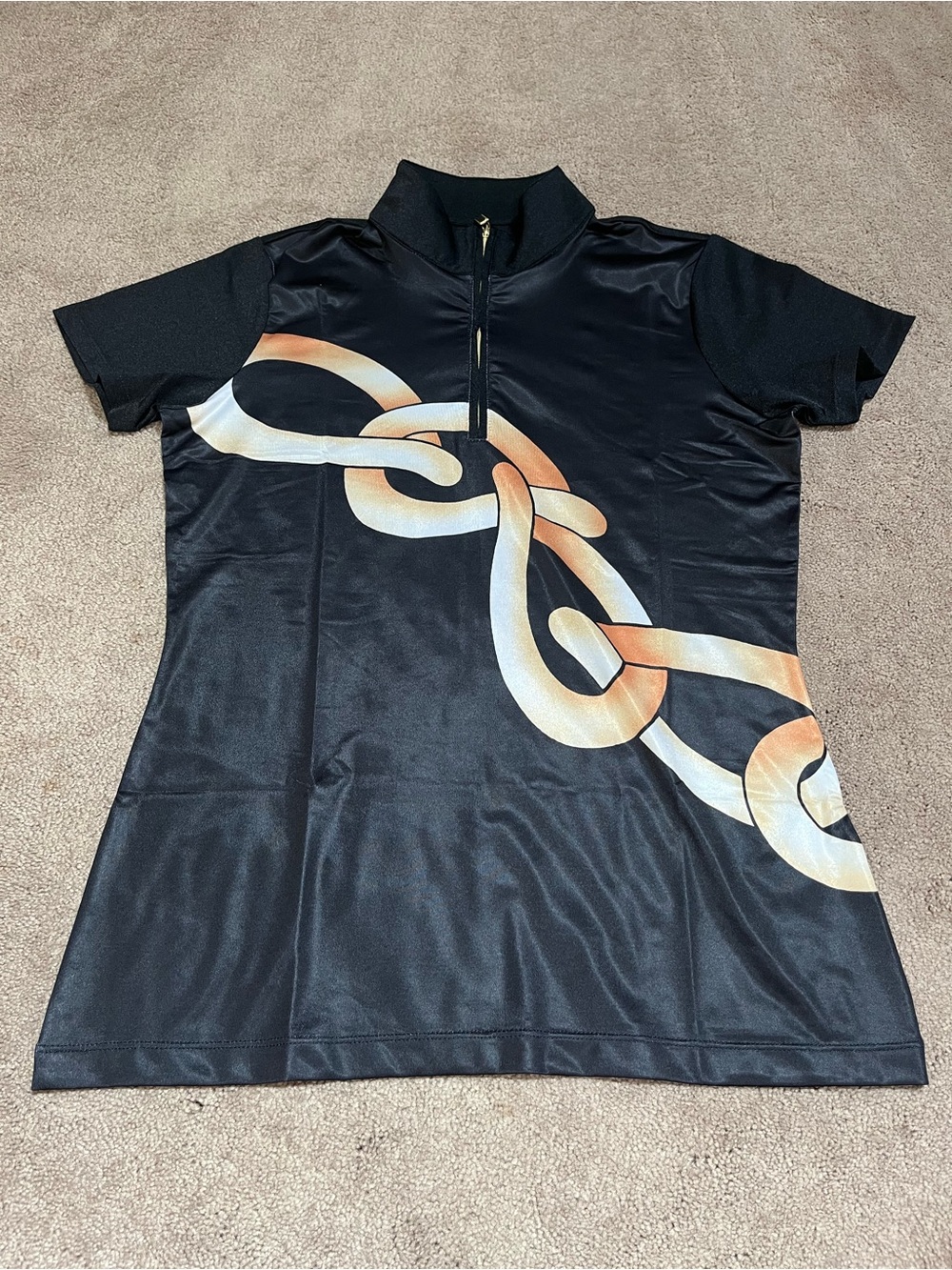 EPNY Black Short Sleeve Zip Neck Top with Gold Chain Print